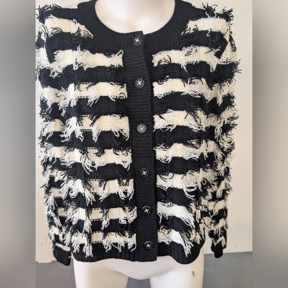 Liverpool BLk/WHT Fringed Button Up Cardigan Sweater Size M